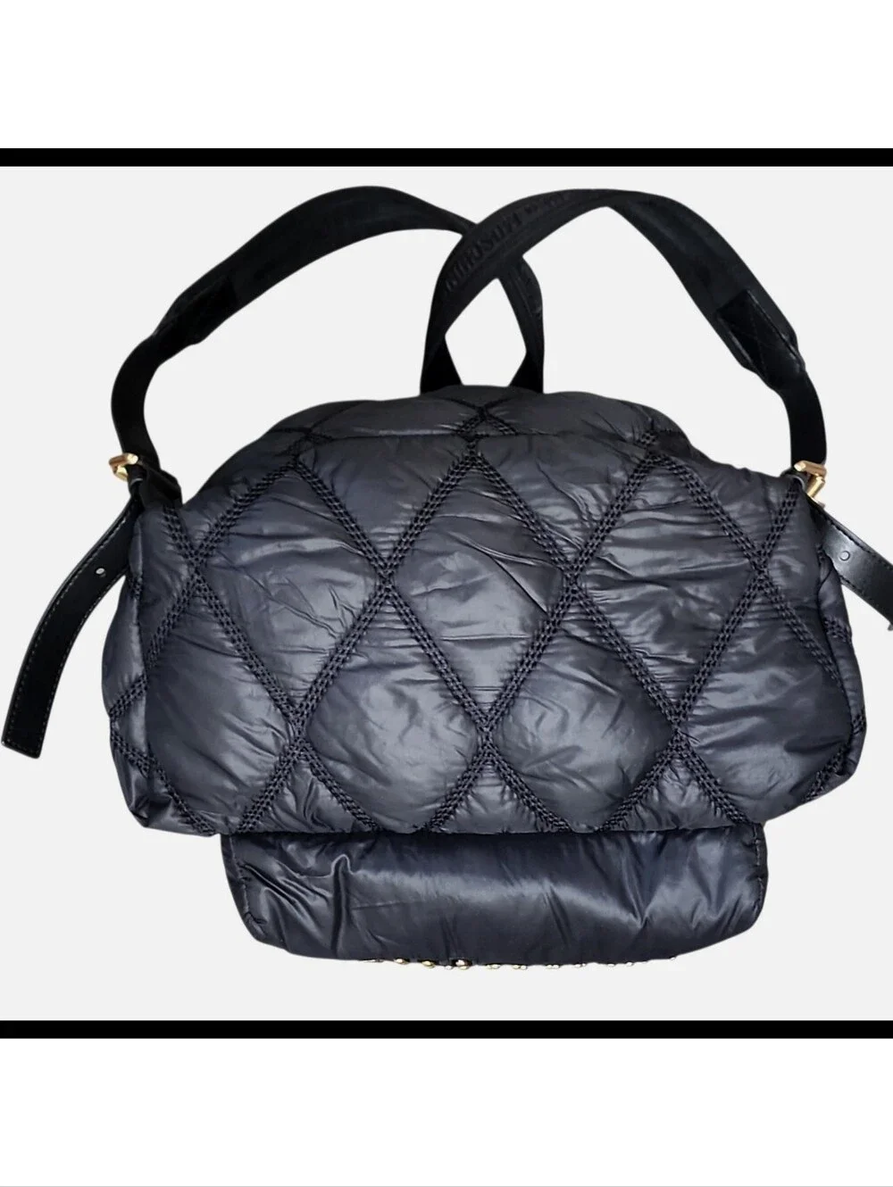 MOSCHINO Quilted Stitch Logo Backpack Gold Studded Hardware Key Ring Nylon Black